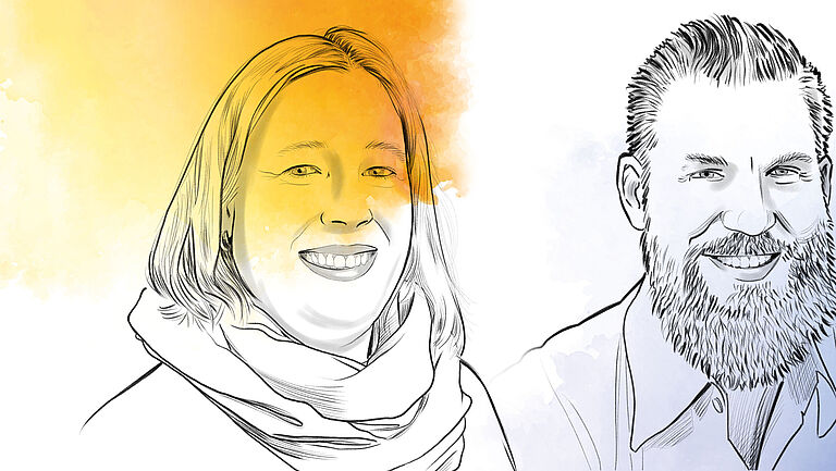 Illustration von Mirjam Stelzer, Personalreferentin und Ausbildungskoordinatorin bei der Lübecker Hafen-Gesellschaft und Dr. Matthias Manke, Orthopäde und Fußspezialist