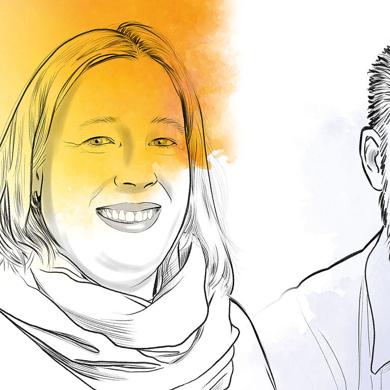 Illustration von Mirjam Stelzer, Personalreferentin und Ausbildungskoordinatorin bei der Lübecker Hafen-Gesellschaft und Dr. Matthias Manke, Orthopäde und Fußspezialist