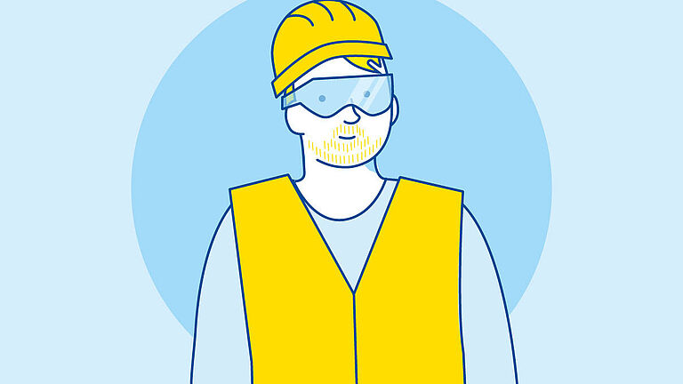 Illustration einer Person mit Warnweste, Schutzhelm und Schutzbrille.
