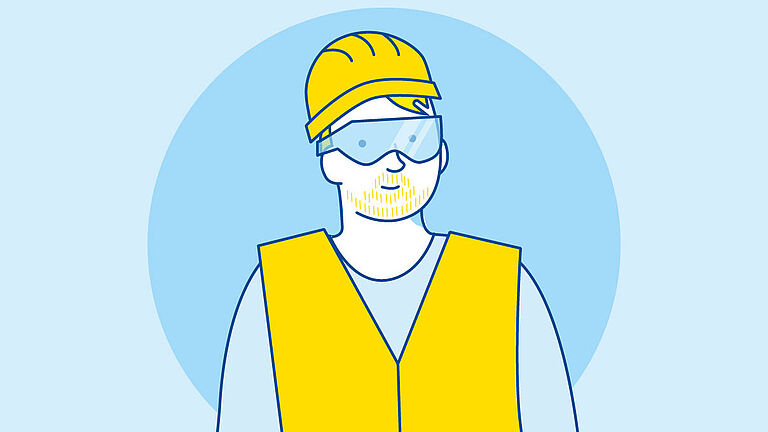 Illustration einer Person mit Warnweste, Schutzhelm und Schutzbrille.