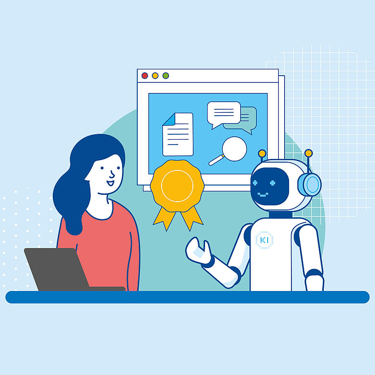 Illustration, die eine Frau und einen KI-Roboter zeigt, beide sitzen an einem Tisch. Im Hintergrund ist ein Bildschirm zu sehen.