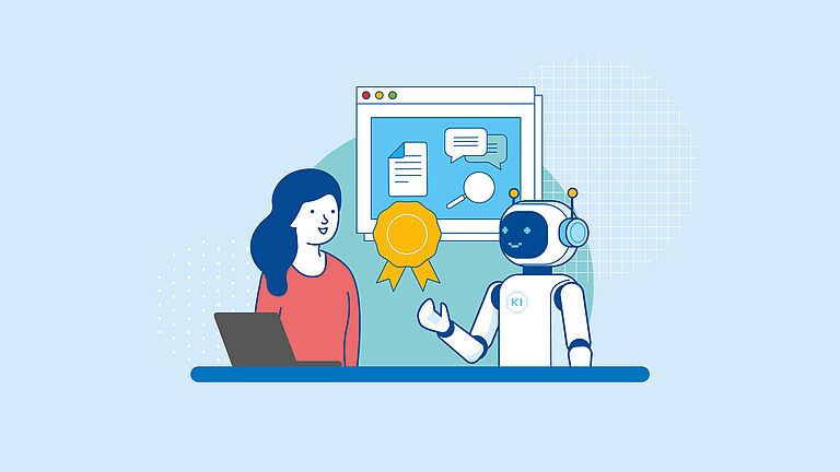 Illustration, die eine Frau und einen KI-Roboter zeigt, beide sitzen an einem Tisch. Im Hintergrund ist ein Bildschirm zu sehen.