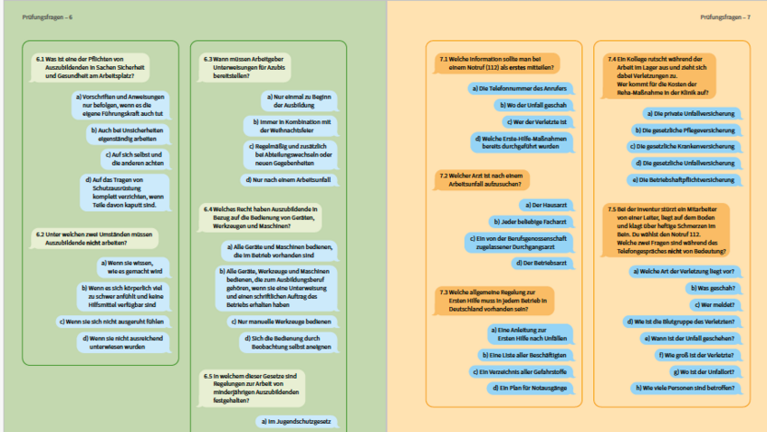 Auf dieser Doppelseite sind Multiple-Choice-Fragen zu Arbeitssicherheit- und Gesundheit zu sehen. Mit ihnen können Azubis ihr Wissen vertiefen und sich auf die Abschlussprüfung vorbereiten.bschlussprüfung der Azubis dienen.