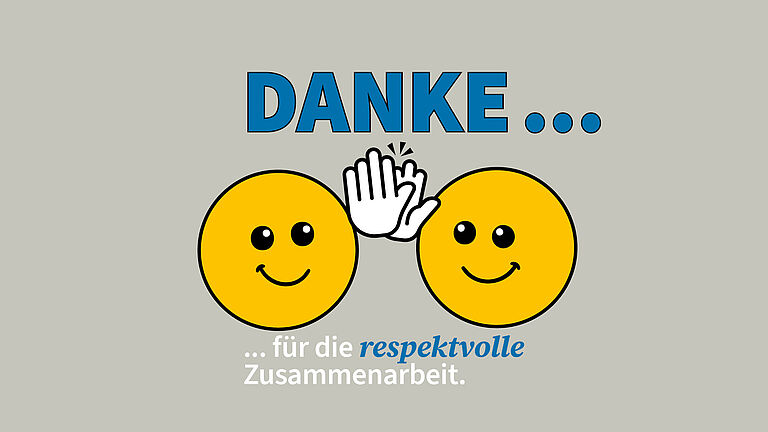 Illustration von zwei Smileys, die sich abklatschen, darüber in Großbuchstaben DANKE