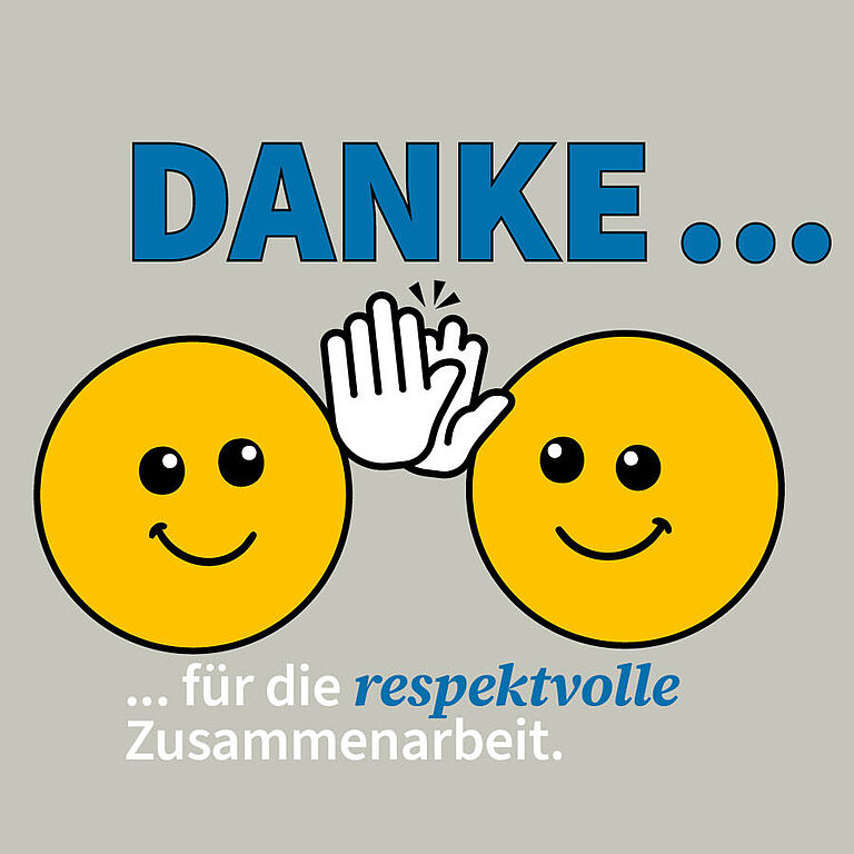 Illustration von zwei Smileys, die sich abklatschen, darüber in Großbuchstaben DANKE