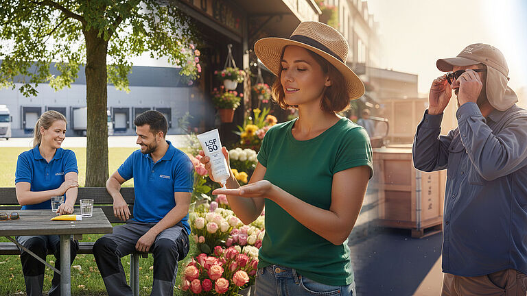 Eine Fotomontage zeigt von links nach rechts: Zwei Beschäftigte einer Spedition, die im Schatten eines Baumes sitzen und sich mit Sonnencreme eincremen, eine Floristin vor einem Blumenladen, die sich mit Sonnencreme eincremt, einen Mann mit langärmeligen Hemd, Sonnenbrille und UV-Schutz-Kappe auf dem Kopf, zwei Beschäftigte vor einem Lkw, die aus Wasserflaschen trinken.
