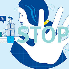 Illustration, die eine Frau zeigt, die mit ihrer Hand eine deutliche Stop-Geste zeigt.
