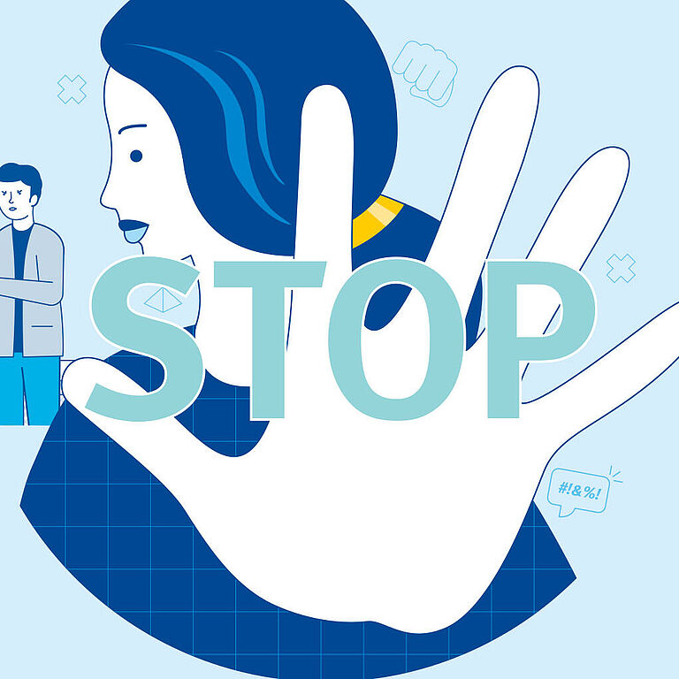 Illustration, die eine Frau zeigt, die mit ihrer Hand eine deutliche Stop-Geste zeigt.