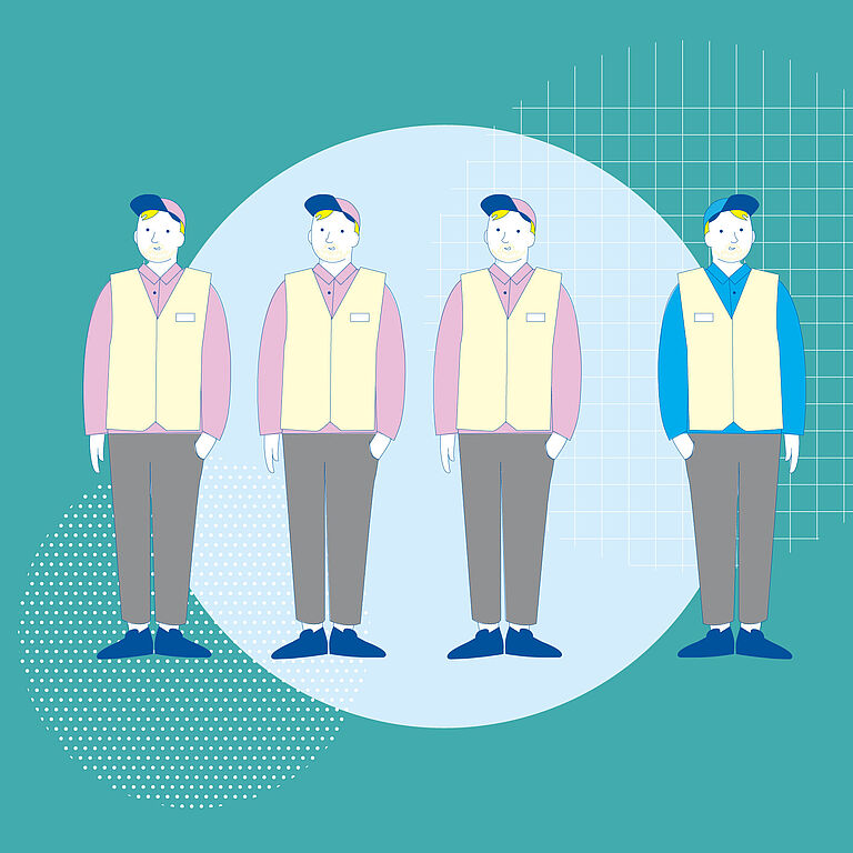 Illustration von vier Personen, drei sehen gleich aus und stehen zusammen, eine hebt sich optisch ein bisschen ab und steht alleine