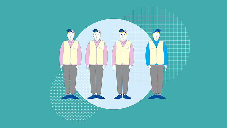 Illustration von vier Personen, drei sehen gleich aus und stehen zusammen, eine hebt sich optisch ein bisschen ab und steht alleine