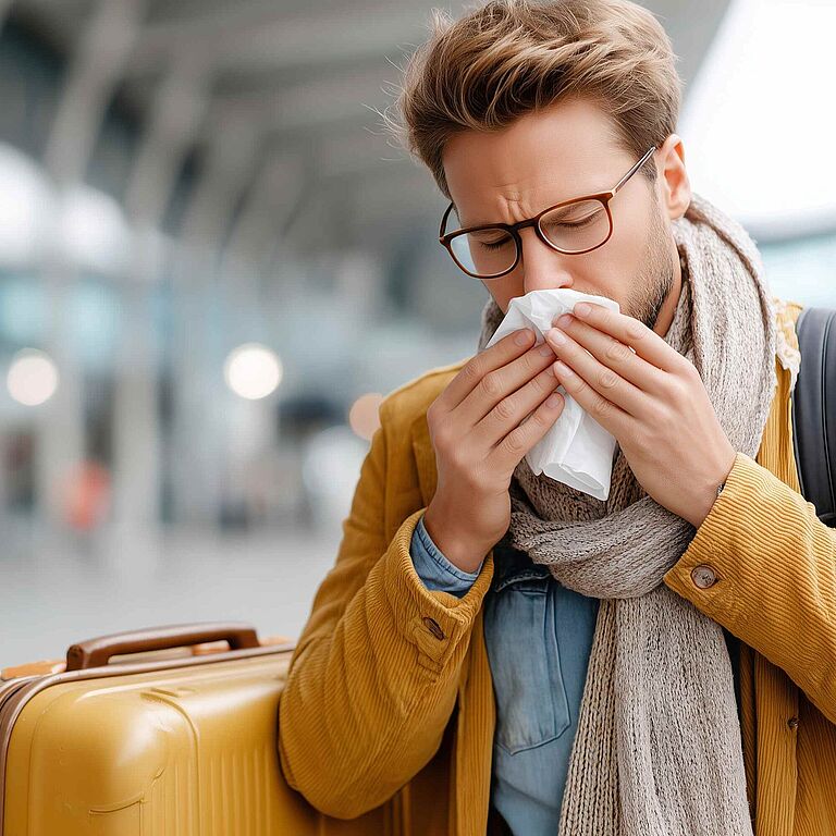 Mann mit Koffer am Bahnhof niest in ein Taschentuch und wirkt erkältet.