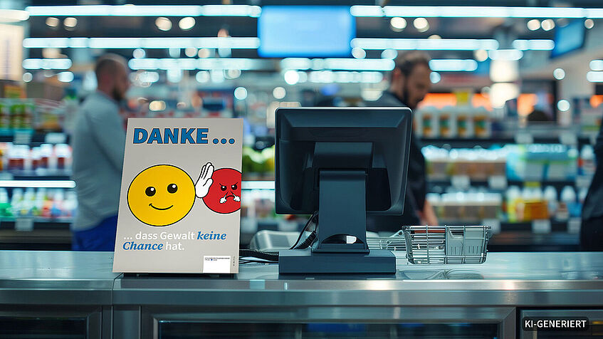 Aufsteller an einer Supermarktkasse, auf dem Aufsteller sind Smileys zu sehen