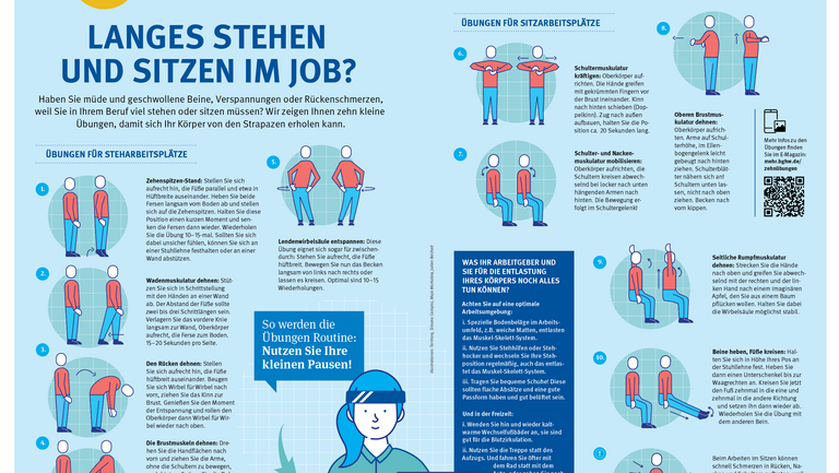 Infografik mit zehn Übungen zu langem Stehen und Sitzen