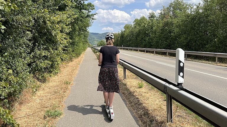 Eine Person fährt mit dem E-Scooter auf dem Radweg neben der Landstraße.