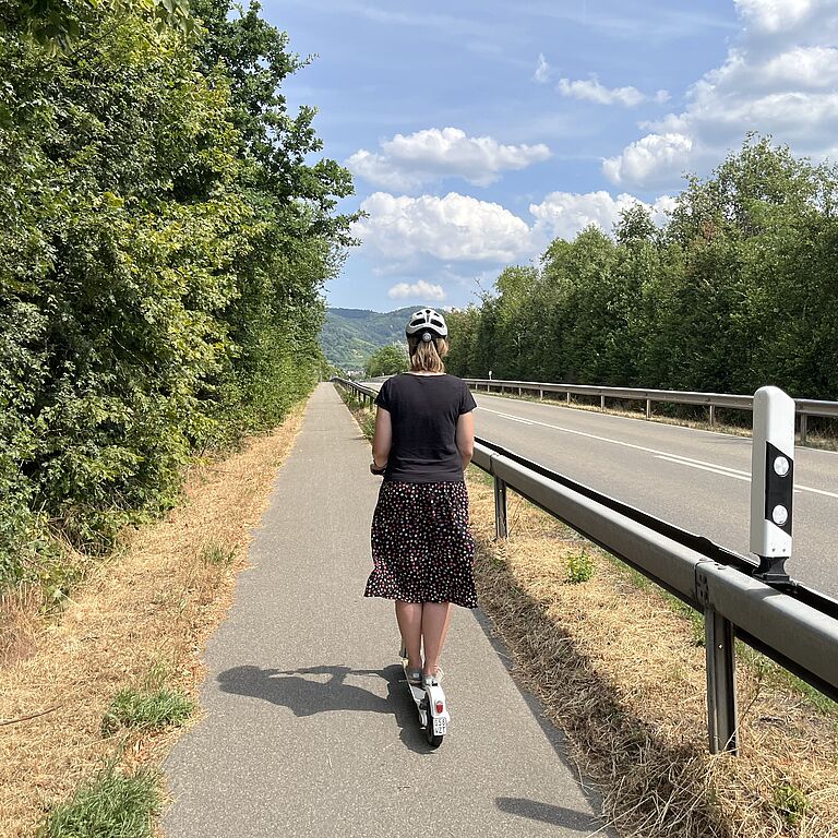Eine Person fährt mit dem E-Scooter auf dem Radweg neben der Landstraße.