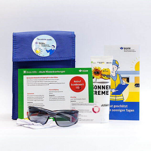 UV-Schutz-Paket der BGHW mit Sonnenbrille, Sonnencreme, Kühltasche und Infomaterial
