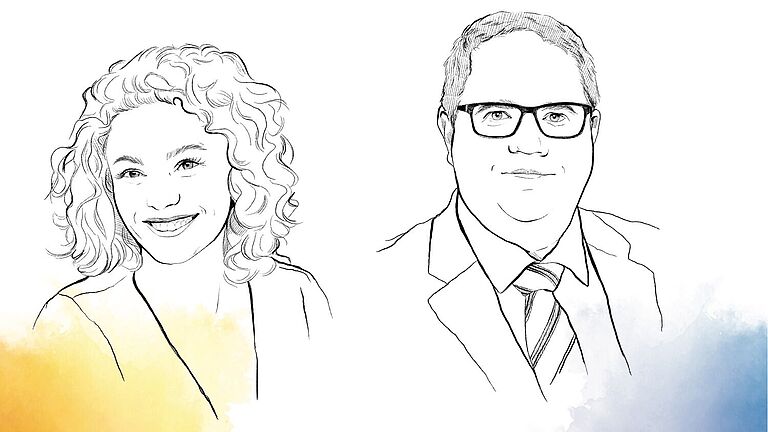 Illustration von den beiden Porträts von Anika Schwertfeger und Dr. Christoph Wetzel