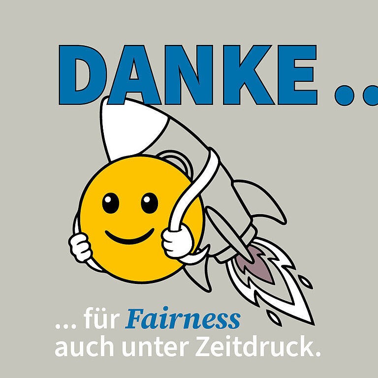 Illustration mit einem Smiley, der mit einer Rakete startet, darüber in Großbuchstaben DANKE 