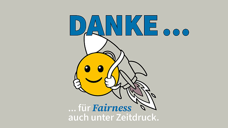 Illustration mit einem Smiley, der mit einer Rakete startet, darüber in Großbuchstaben DANKE 
