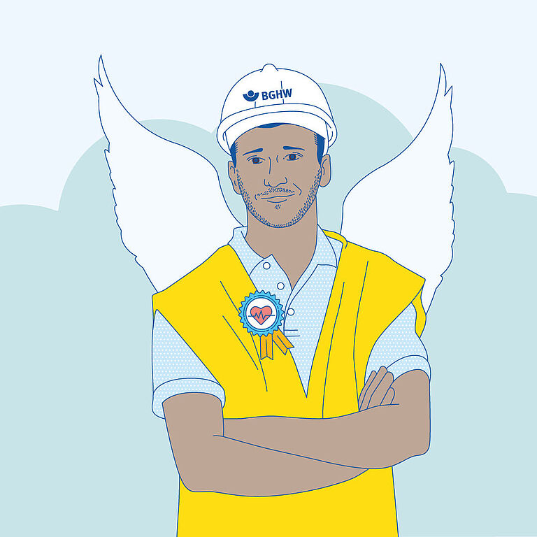 Illustration einer Person mit Sicherheitsweste, Helm und Schutzengelflügeln