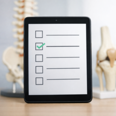 Tablet mit Checkliste, im Hintergrund Antatomiemodelle von Wirbelsäule, Kniegelenk und Schultergelenk.