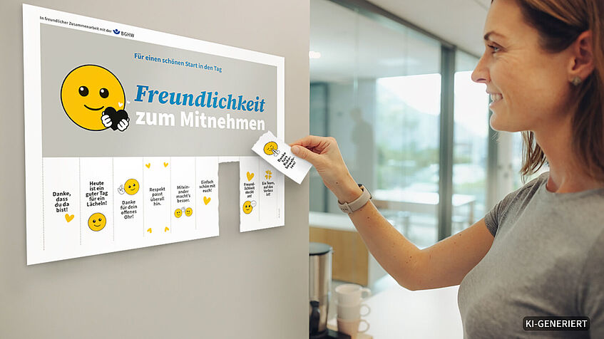 Frau im Büro vor einer Glaswand, auf der ein DIN A4-Blatt mit positiven Abreißbotschaften klebt