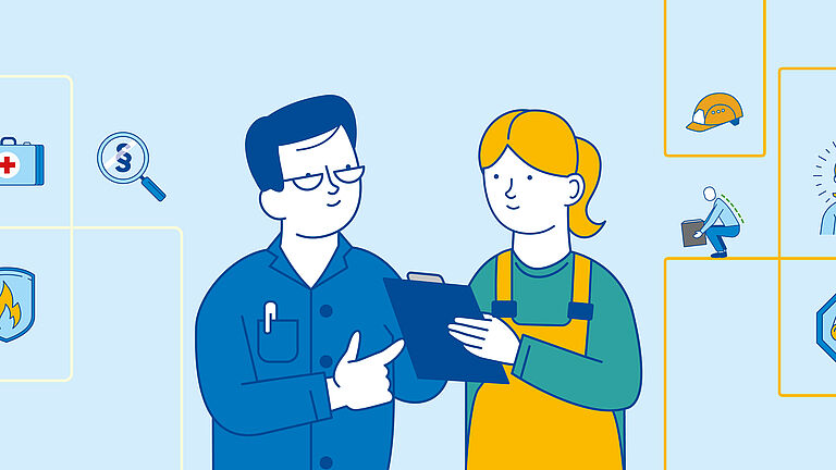 Die Illustration zeigt einen Ausbilder im Gespräch mit einer Auszubildenden; beide sind umgeben von Icons, die die Standardberufsbildpositionen symbolisieren. 