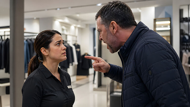 Ein Mann zeigt mit ausgestrecktem Finger auf eine Mitarbeiterin in einem Bekleidungsgeschäft und spricht sie in kurzem Abstand an. Die Mitarbeiterin blickt zu ihm auf, während im Hintergrund Verkaufsflächen mit Kleidung zu sehen sind.
