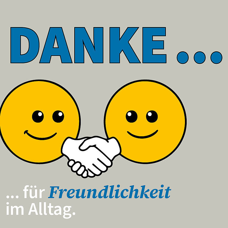Illustration von zwei Smileys, die sich die Hand geben, darüber in Großbuchstaben DANKE 