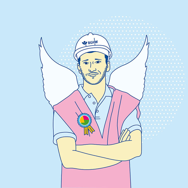 Illustration eines Schutzengels mit Helm und Warnweste