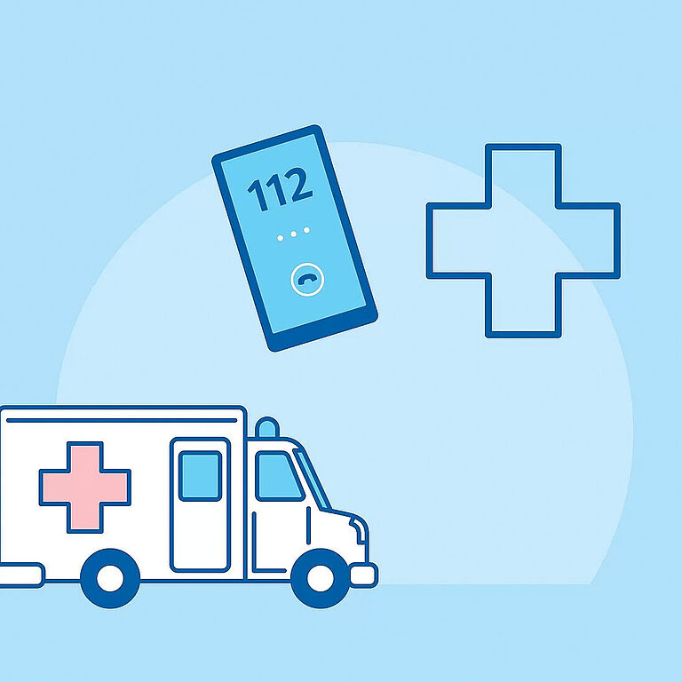 Ein fahrender Krankenwagen, ein Handy, das den Notruf 112 anzeigt, eine Rettungskreuz, das die Erste Hilfe symbolisiert