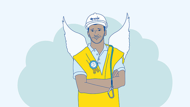 Illustration einer Person mit Schutzhelm und Warnweste und Flügeln wie ein Schutzengel, über der Schulter hat der Schutzengel ein Kletterseil liegen