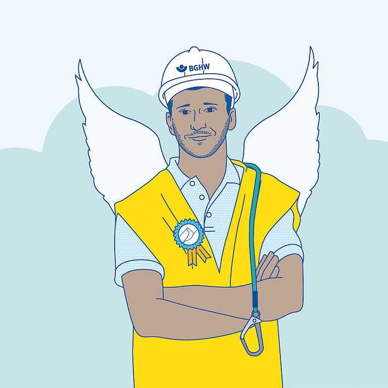 Illustration einer Person mit Schutzhelm und Warnweste und Flügeln wie ein Schutzengel, über der Schulter hat der Schutzengel ein Kletterseil liegen