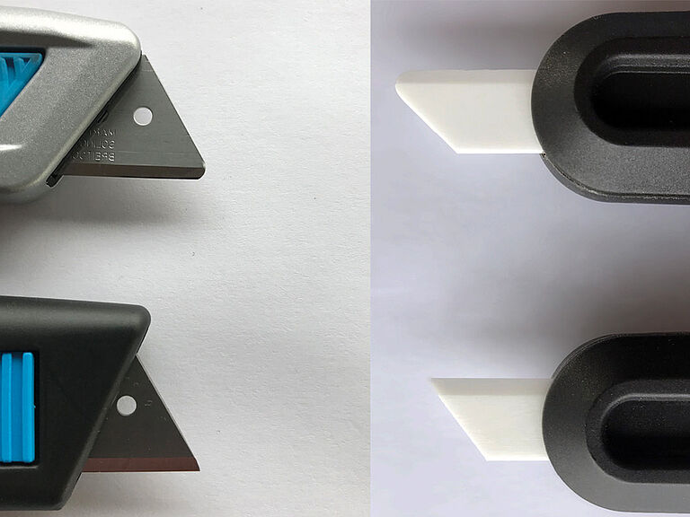 Zwei Messer mit Klingenspitze aus Metall, zwei Messer mit Klingenspitze aus Keramik, davon je eine spitz und eine abgerundet.