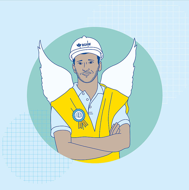 Die Illustration zeigt einen BGHW-Schutzengel für das Thema Psychische Belastung, er trägt eine Warnweste und einen Helm.