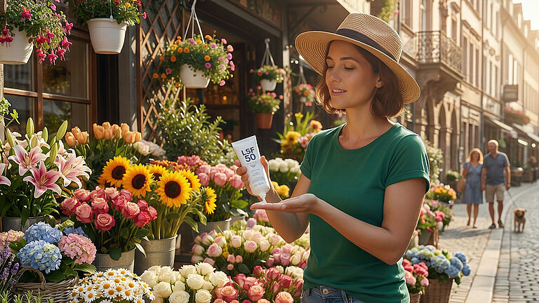 Floristin mit Sonnenhut vor Blumenladen, die sich mit Sonnencreme eincremt.