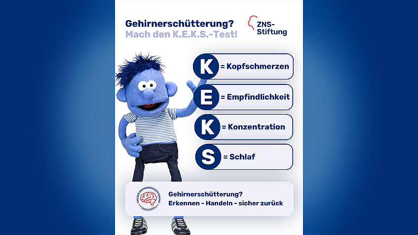 Plüschfigur, daneben stehen die Großbuchstaben K, E, K, S mit einer Erläuterung zum Thema Kopfverletzung und Gehirnerschütterung