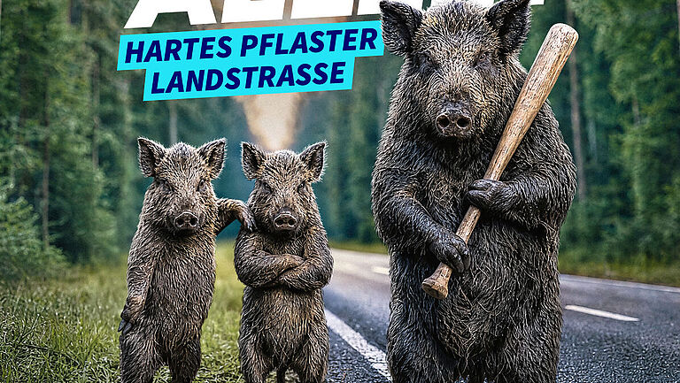 „Sau kommt selten allein“ steht in weißer Schrift über einem Wildschwein-Motiv. Eine Sau und zwei Frischlinge stehen aufrecht auf einer Landstraße und schauen den Betrachter an. Die Sau trägt einen Baseballschläger.