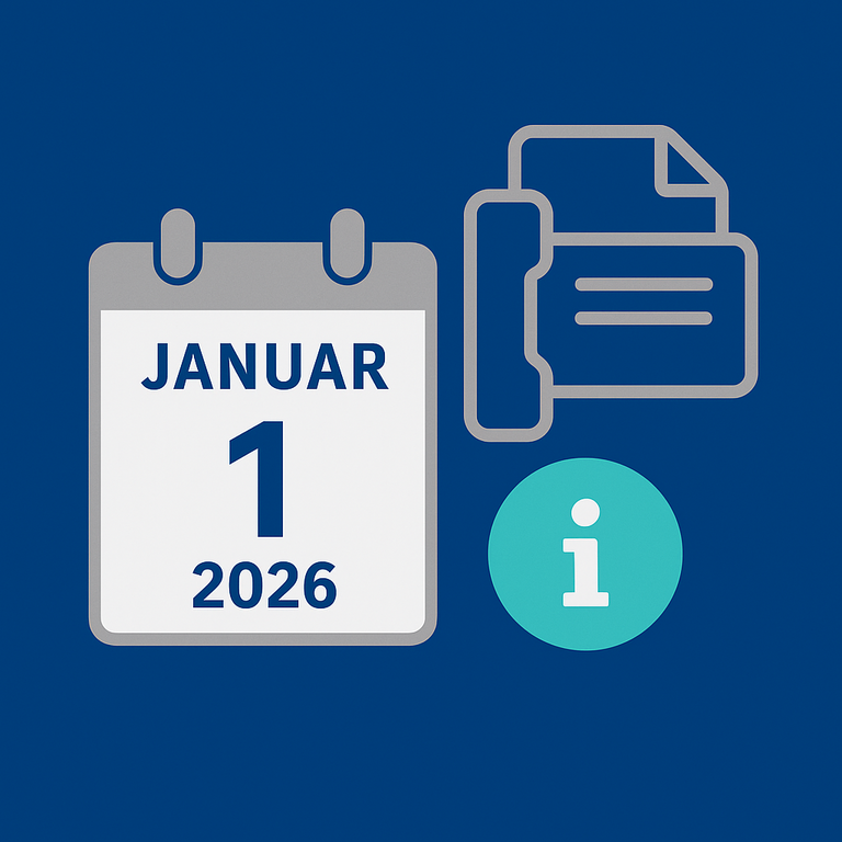 Eine Grafik von Chat GPT. Sie zeigt ein Kalenderblatt mit dem Datum 1.1. 2026, daneben ein stilisiertes Faxgerät mit einem i (für Information)