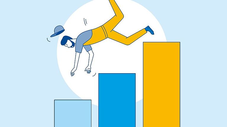 Illustration Treppe, die wie ein Säulendiagramm aussieht, von der ein Arbeiter stürzt 
