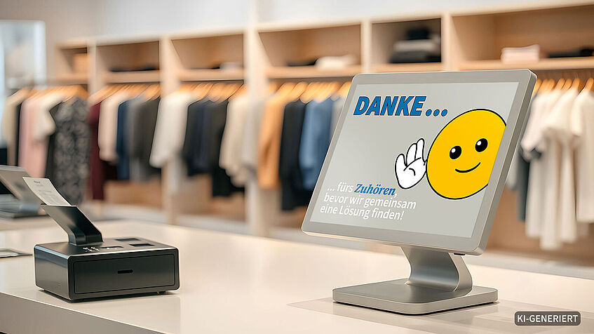 Kassendisplay in einem Bekleidungsgeschäft, auf dem Display ist ein Smiley zu sehen