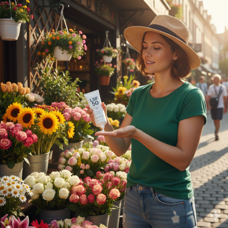 Eine Floristin mit Sonnenhut steht bei strahlendem Sonnenschein vor ihrem Blumenladen. Sie cremt sich mit Sonnencreme mit Lichtschutzfaktor 50 ein.
