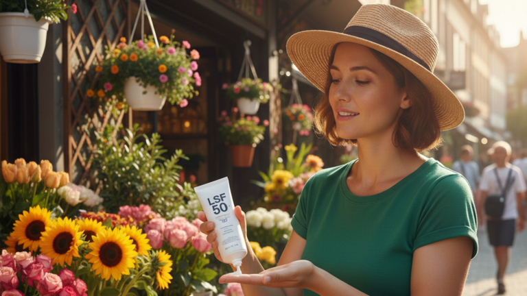 Eine Floristin mit Sonnenhut steht bei strahlendem Sonnenschein vor ihrem Blumenladen. Sie cremt sich mit Sonnencreme mit Lichtschutzfaktor 50 ein.