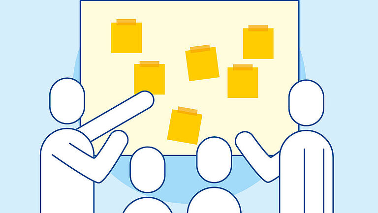 Illustration von vier Menschen im Piktogrammstil, die vor einer Tafel mit Infozetteln stehen.