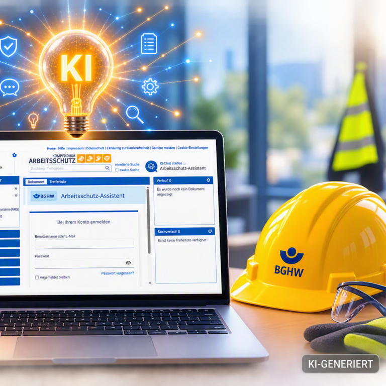 Ein Notebook zeigt auf dem Screen eine Seite aus dem Kompendium Arbeitsschutz der BGHW mit dem KI-Assistenten, darüber leuchtet eine Glühbirne mit der Inschrift "KI", daneben ein gelber Schutzhelm.