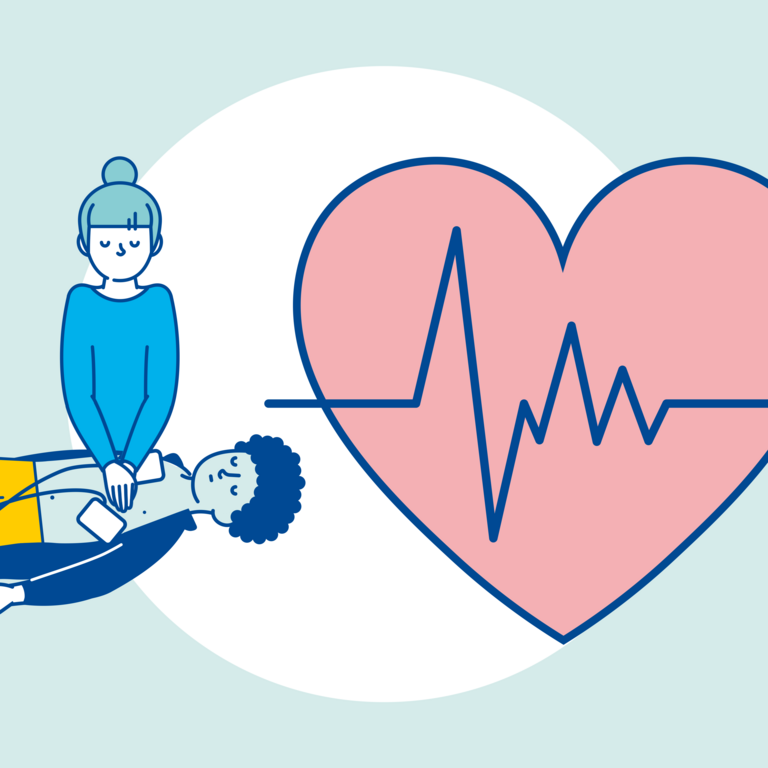 Eine Frau kniet vor einem bewusstlosen Mann und reanimiert ihn mit Herzdruckmassage und Defibrillator (AED). Dazu ist eine großes, schlagendes Herz abgebildet.