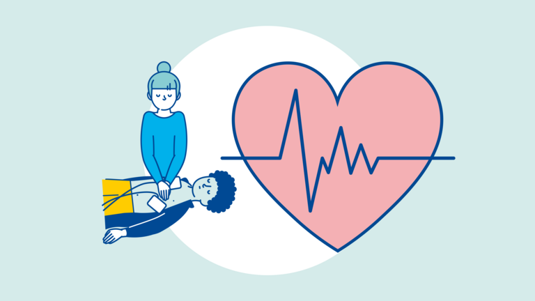 Eine Frau kniet vor einem bewusstlosen Mann und reanimiert ihn mit Herzdruckmassage und Defibrillator (AED). Dazu ist eine großes, schlagendes Herz abgebildet.