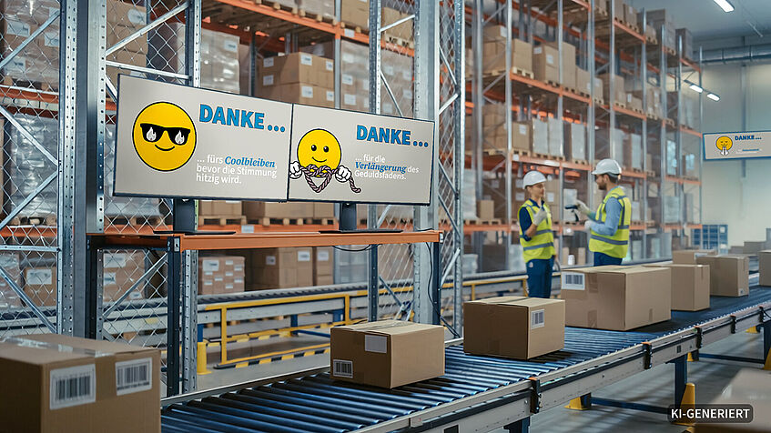 In einer Logistikhalle sind auf digitalen Monitoren Poster mit Smileys zu sehen.