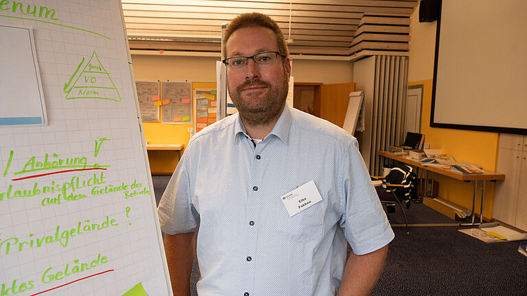 Eike Fokken, ein Mann der Bartträger und mit einem hellblau-geblümten Hemd bekleidet ist, steht rechts von einem Flip-Chart und schaut freundlich in die Kamera. Er schätzt den fachlichen Austausch auf kollegialer Ebene sehr.
