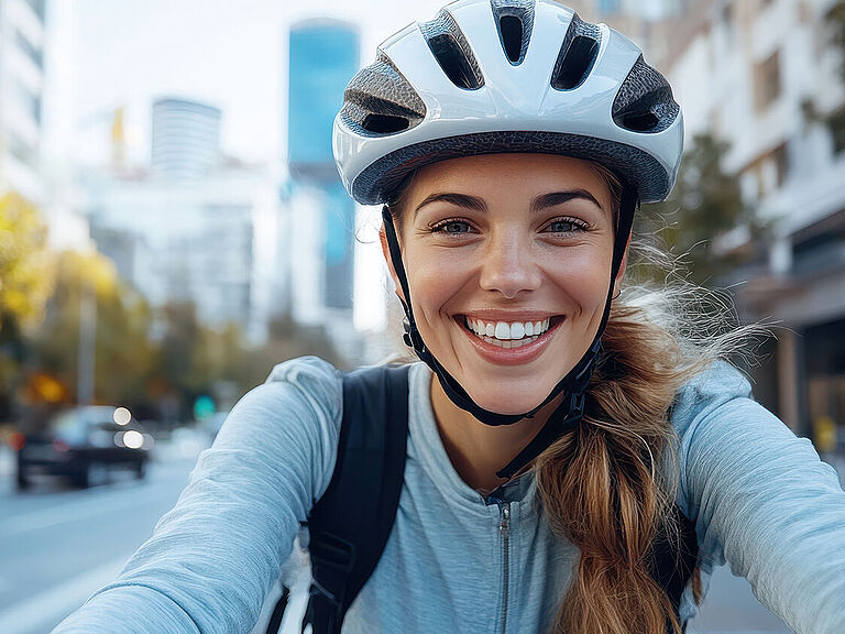 Junge Frau mit Zopf, Fahrradhelm und sportlicher Kleidung lächelt in die Kamera, während sie auf dem Fahrrad durch die Stadt fährt.
